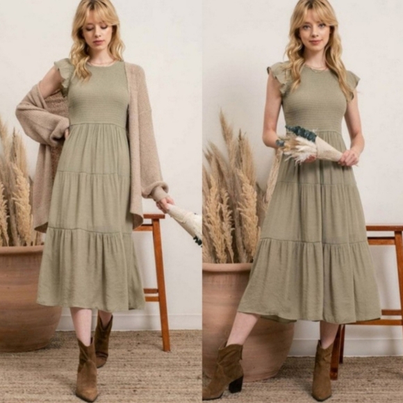 [ Roolee Boho Minimalist Modest Light Olive Green Smocked Ruffled Midi Dress ] - Picture 4 of 15